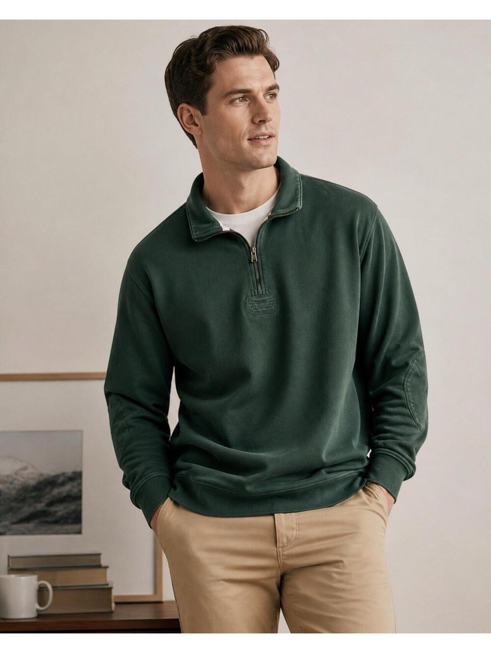J.Crew Oarsmen Men’s XL Green Cotton‎ Quarter Zip Pullover Sweater Elbow Patches